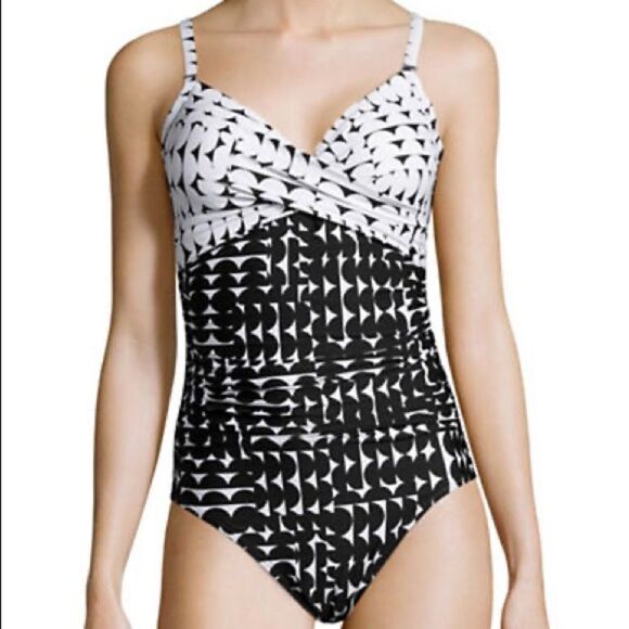 Calvin Klein Print Blocked Twist Swimsuit-black White-6 - Picture 1 of 6